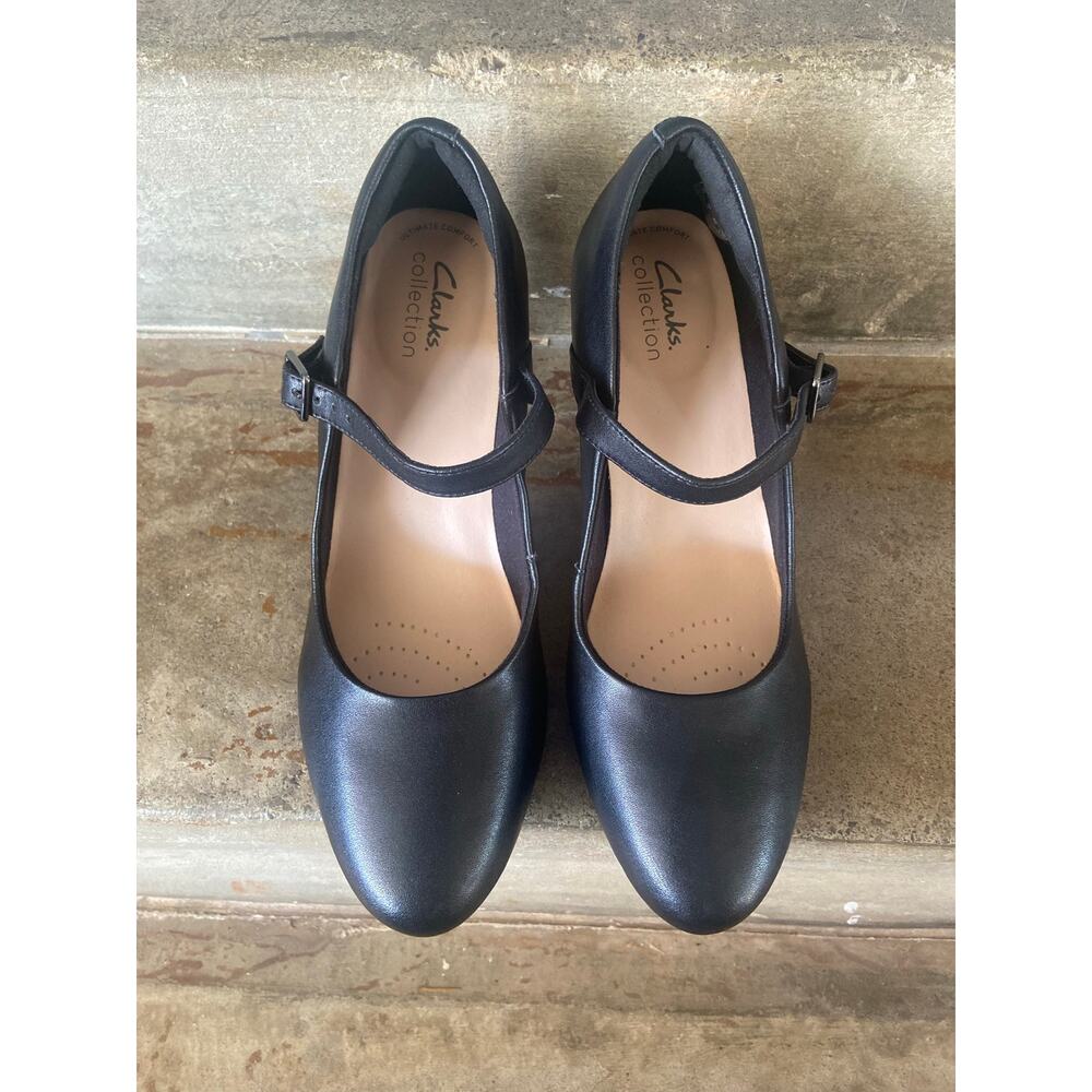 Clarks Ambyr Shine black leather heeled Mary Jane style pump